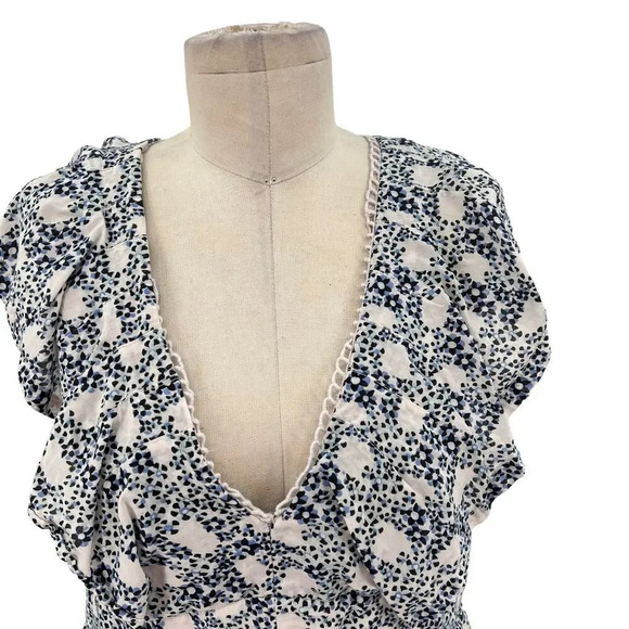 Anthropologie Tunic Mini‎ Dress Floral Print V-Neck Plunge Blue White Size Small - Picture 3 of 12